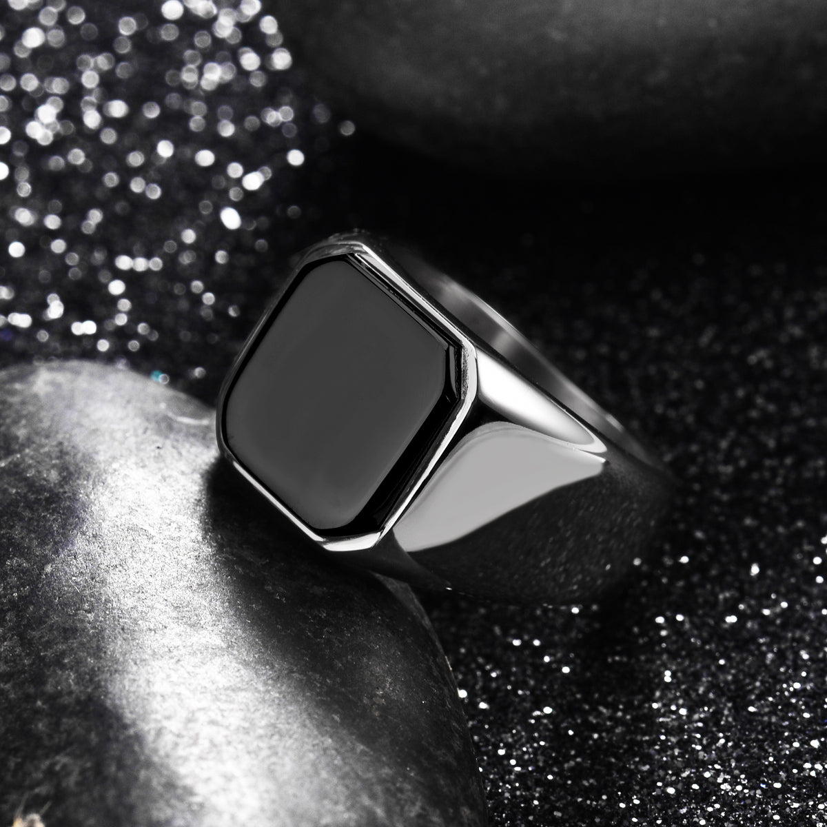 Stainless Steel Mens Signet Ring with Black Onyx Top