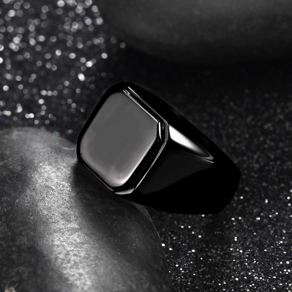 Black Stainless Steel Mens Signet Ring with Polished Flat Top