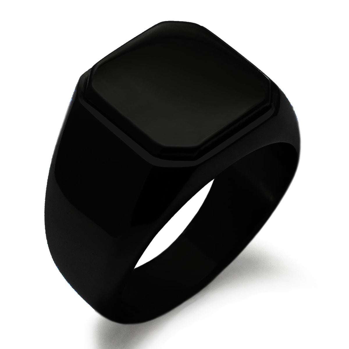 Black Stainless Steel Mens Signet Ring with Polished Flat Top