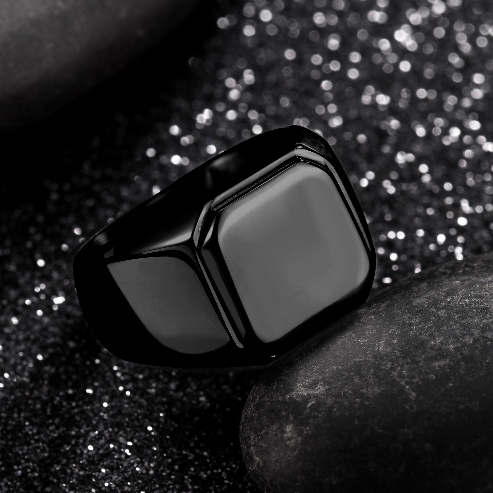 Black Stainless Steel Mens Signet Ring with Polished Flat Top
