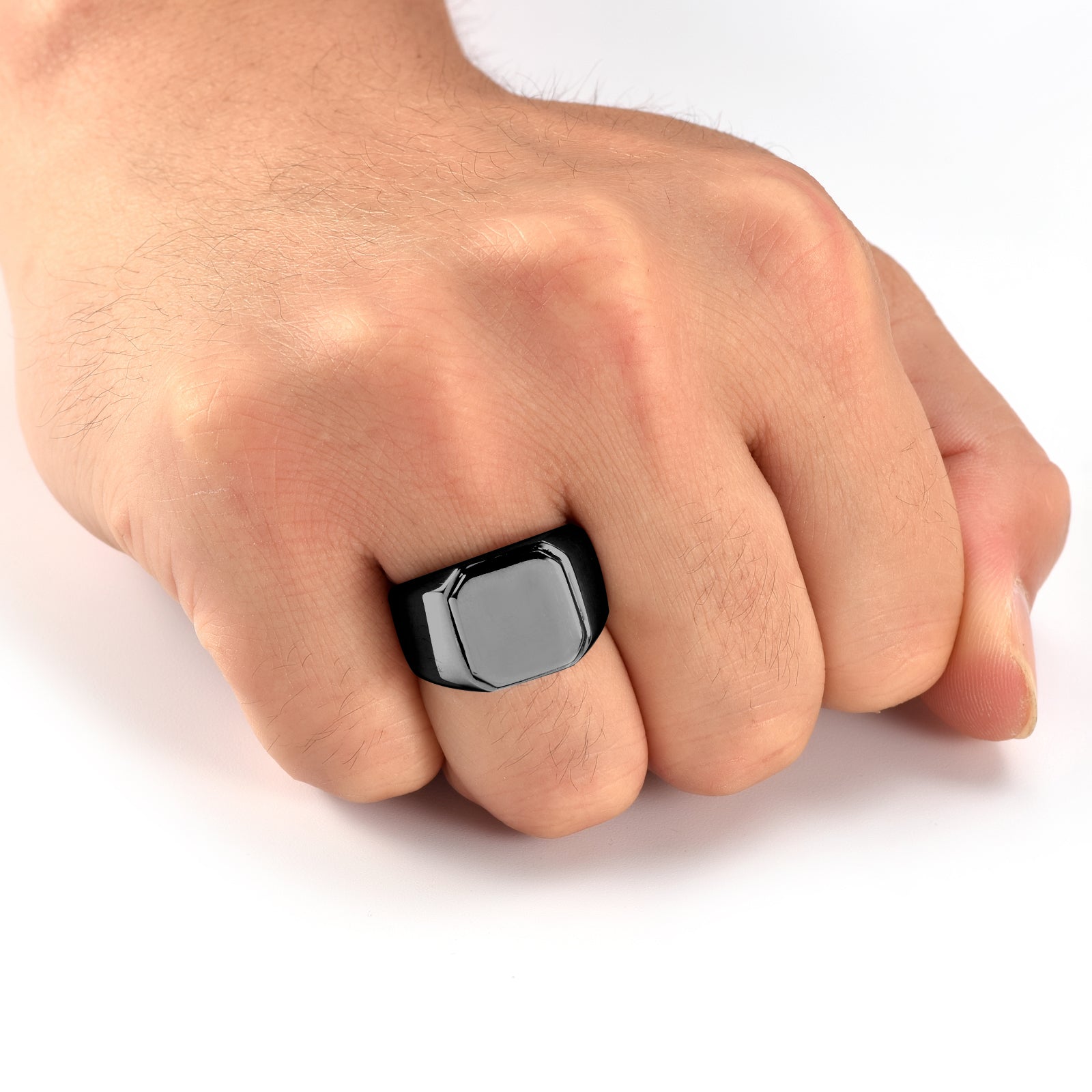 Black Stainless Steel Mens Signet Ring with Polished Flat Top