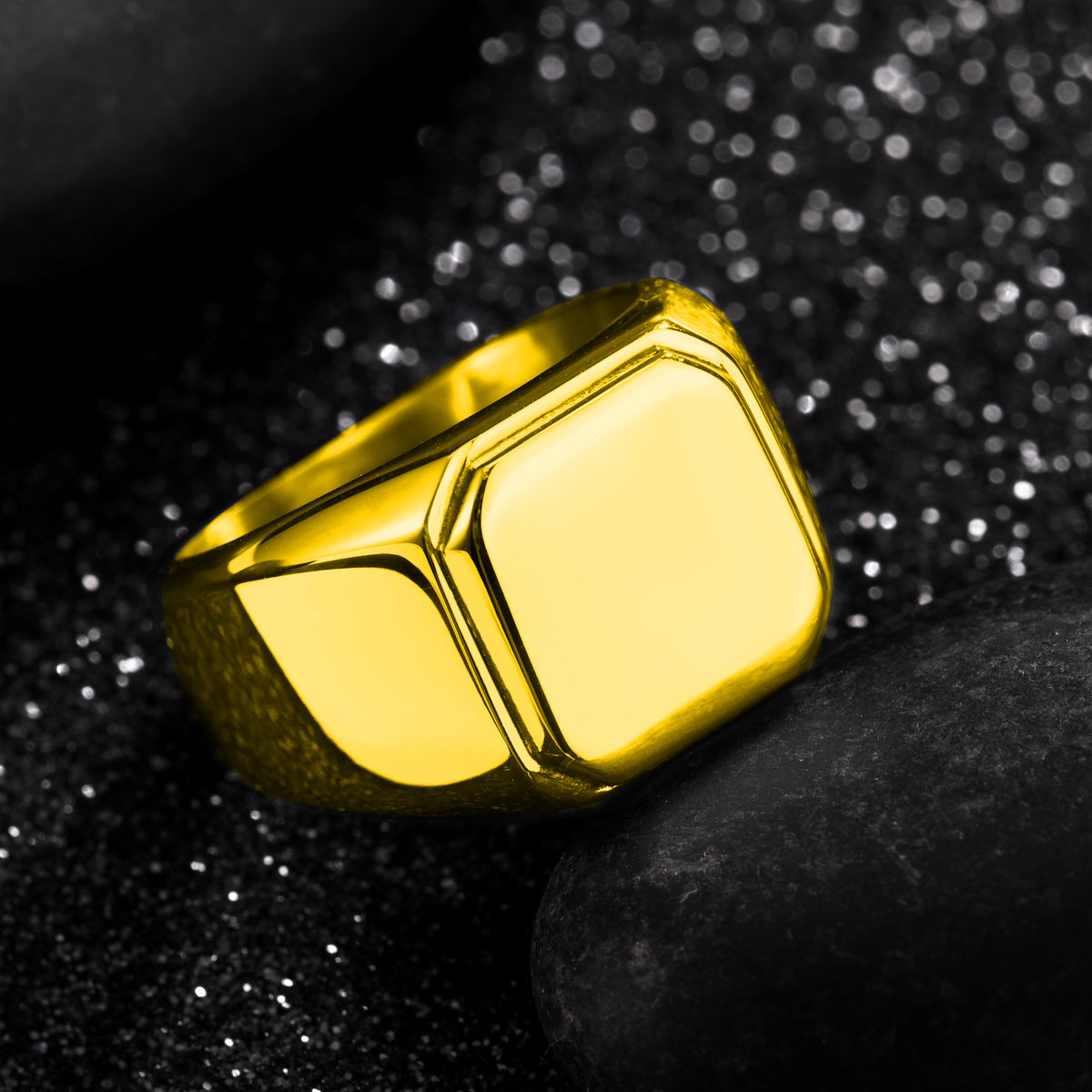 Gold IP Stainless Steel Mens Signet Ring with Polished Flat Top