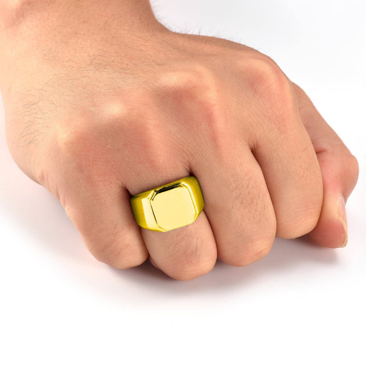 Gold IP Stainless Steel Mens Signet Ring with Polished Flat Top