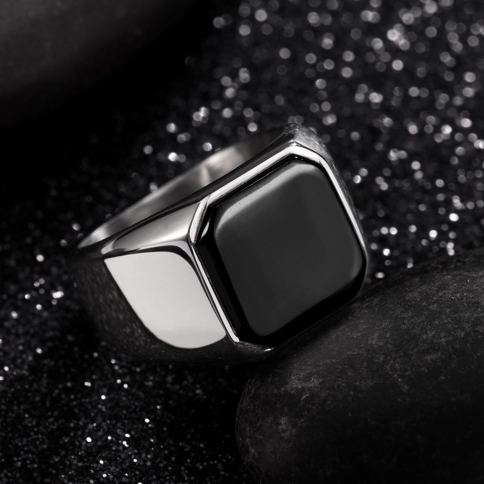 Stainless Steel Mens Signet Ring with Black Onyx Top