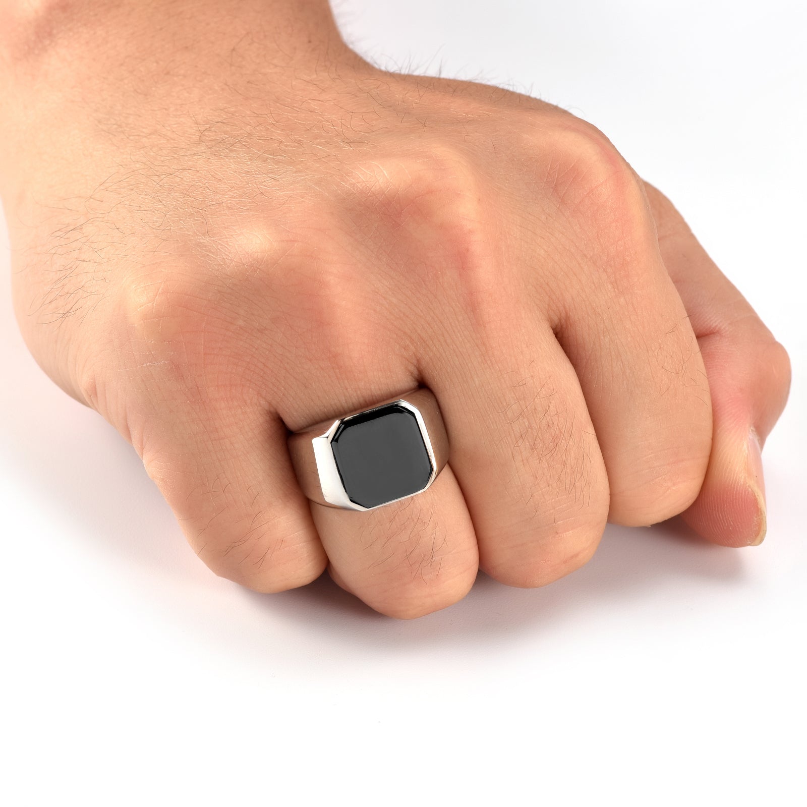 Stainless Steel Mens Signet Ring with Black Onyx Top