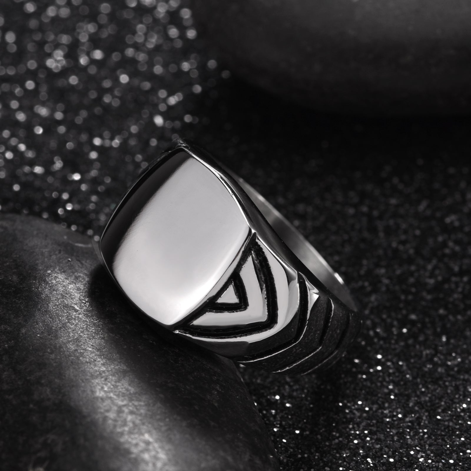 Stainless Steel Mens Signet Ring with Chevron Pattern Shoulders