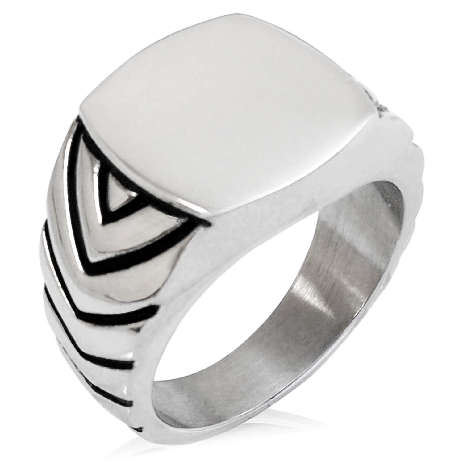 Stainless Steel Mens Signet Ring with Chevron Pattern Shoulders