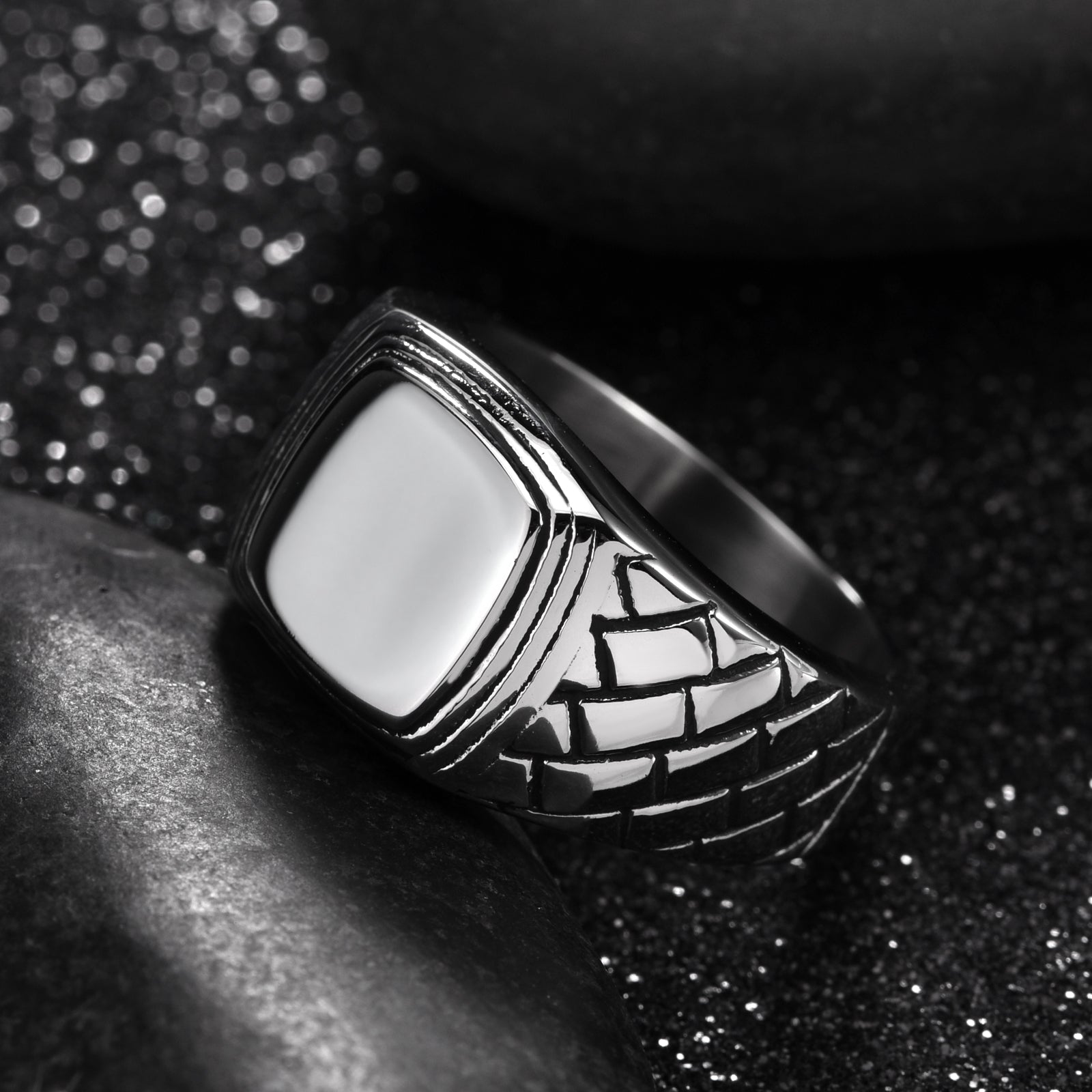 Stainless Steel Mens Signet Ring with Woven Lattice Shoulders