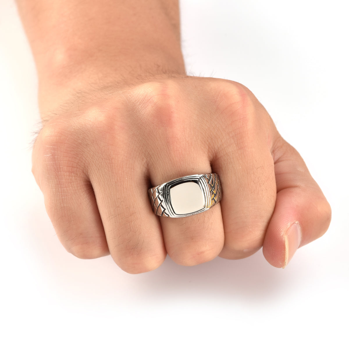 Stainless Steel Mens Signet Ring with Woven Lattice Shoulders