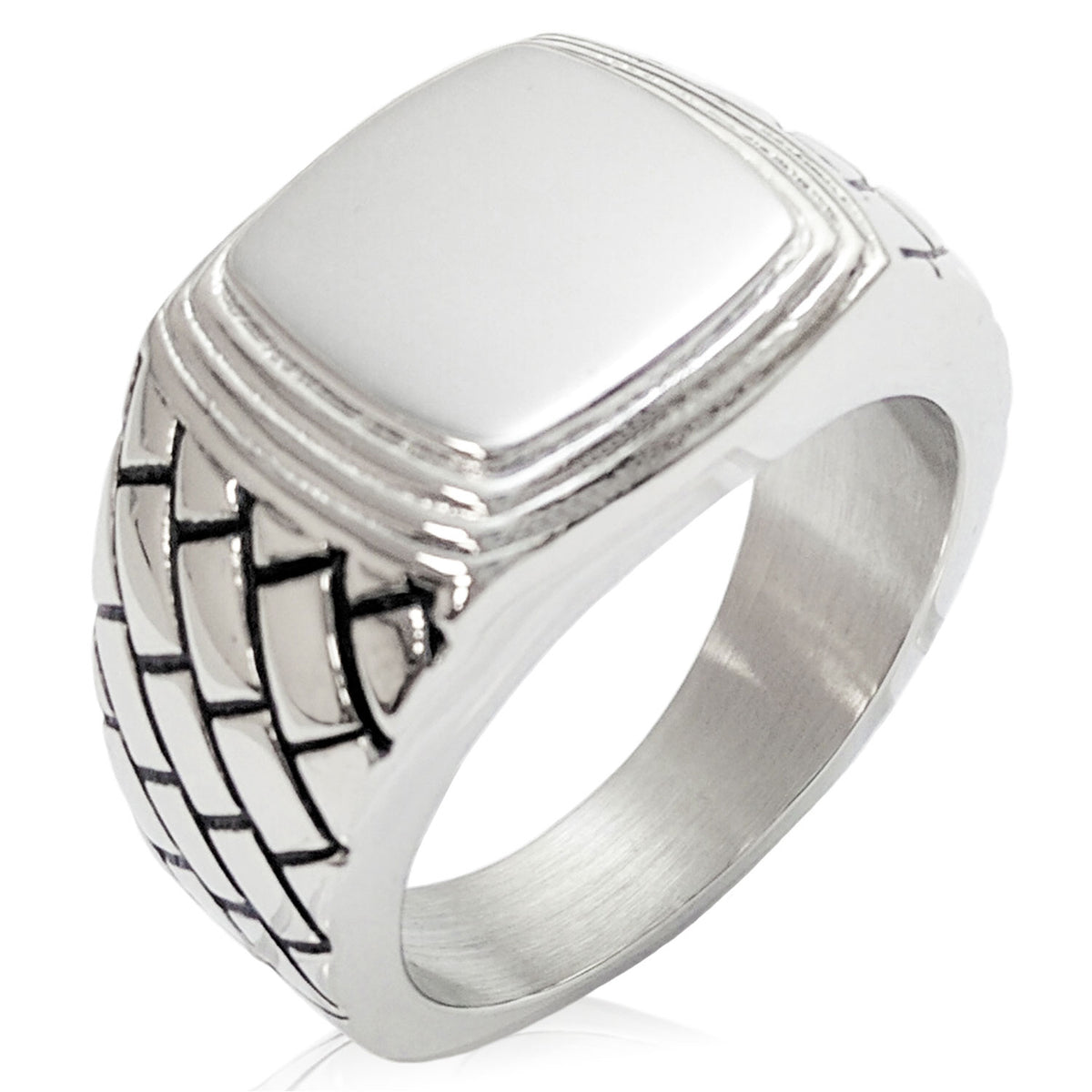 Stainless Steel Mens Signet Ring with Woven Lattice Shoulders