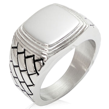 Stainless Steel Mens Signet Ring with Woven Lattice Shoulders