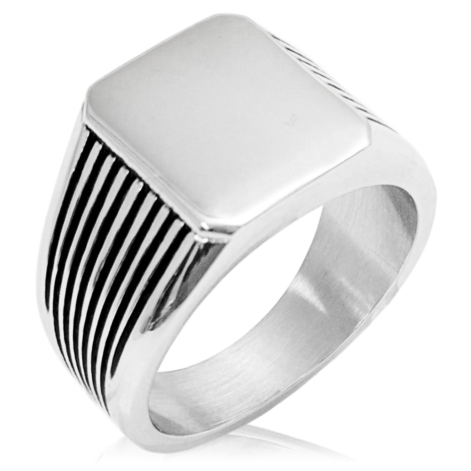 Stainless Steel Mens Signet Ring with Lined Pattern Shoulders