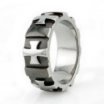 Stainless Steel 8mm Mens Ring with Raised Cross Pattern