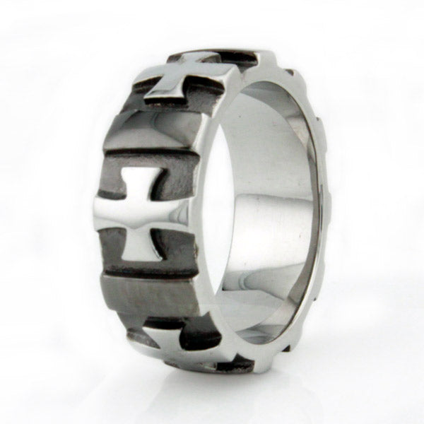 Stainless Steel 8mm Mens Ring with Raised Cross Pattern