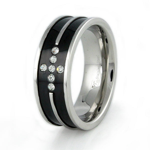 Stainless Steel 8mm Ring with Black IP Stripes and CZ Cross