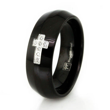 Black Stainless Steel 8mm Ring with Silver Cross and CZ