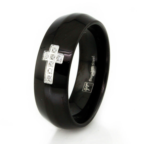 Black Stainless Steel 8mm Ring with Silver Cross and CZ