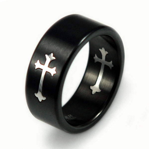 Black Stainless Steel 8mm Mens Cross Cutout Band