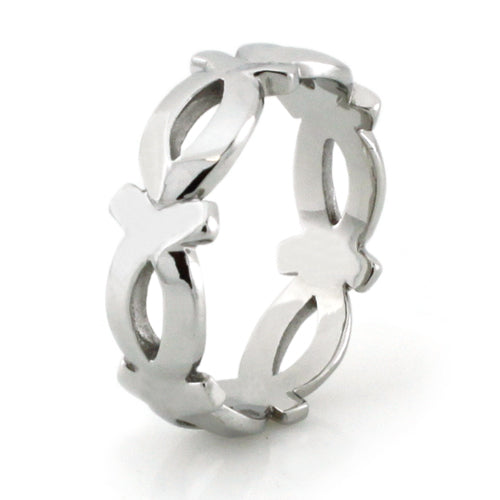 Stainless Steel 6mm Ring with Ichthys Fish Cross Cutout Pattern
