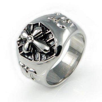 Stainless Steel Mens Signet Ring with Fleur de Lis Cross