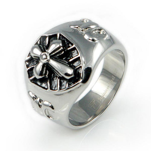 Stainless Steel Mens Signet Ring with Fleur de Lis Cross