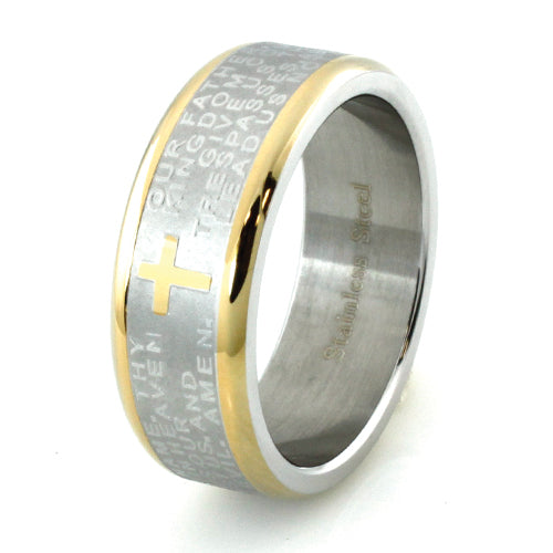 Stainless Steel 8mm Ring with Lord's Prayer and Gold IP Cross