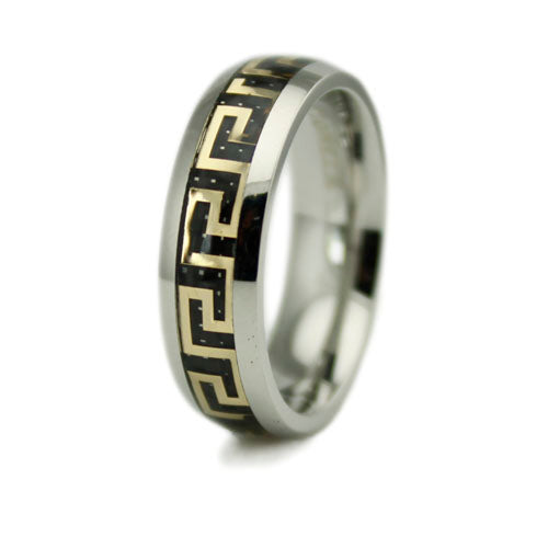 Stainless Steel 8mm Ring with Gold Key Pattern Inlay