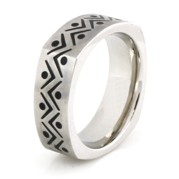 Stainless Steel Sculpted Ring with Tribal Aztec Pattern