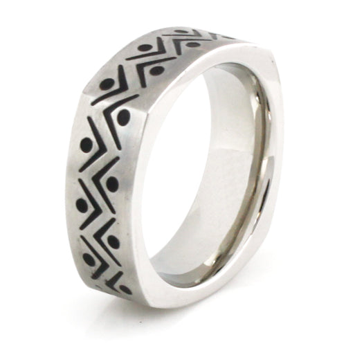 Stainless Steel Sculpted Ring with Tribal Aztec Pattern