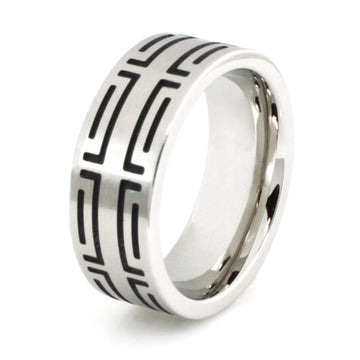 Stainless Steel 8mm Ring with Carved Geometric Block Pattern