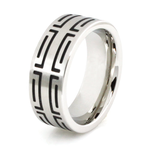 Stainless Steel 8mm Ring with Carved Geometric Block Pattern