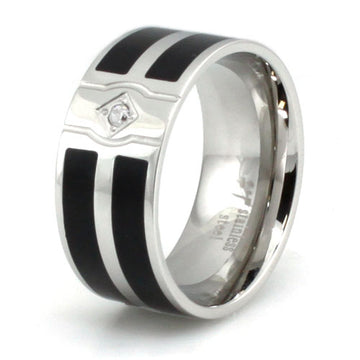 Stainless Steel 10mm Ring with Black Enamel Stripes and CZ