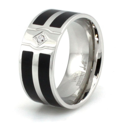 Stainless Steel 10mm Ring with Black Enamel Stripes and CZ