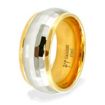 Stainless Steel 8mm Ring with Hammered Center and Gold IP Edges
