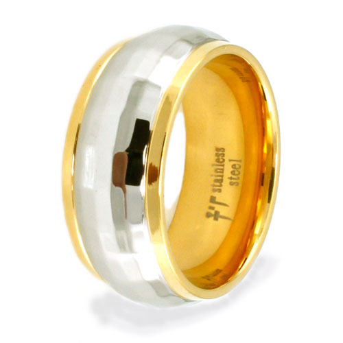 Stainless Steel 8mm Ring with Hammered Center and Gold IP Edges
