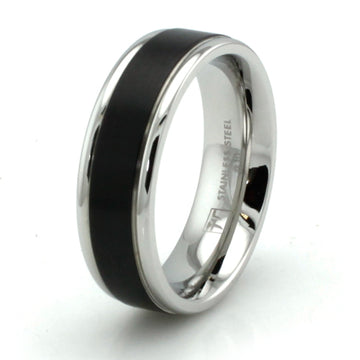 Stainless Steel 7mm Ring with Black Enamel Center Stripe