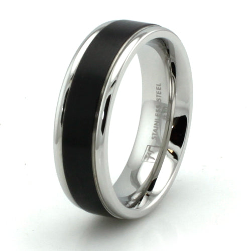 Stainless Steel 7mm Ring with Black Enamel Center Stripe