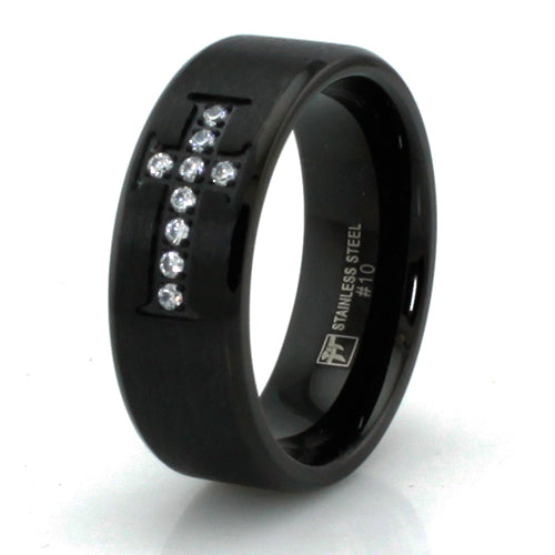 Black Stainless Steel 8mm Ring with CZ Cross