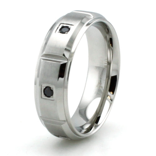 Stainless Steel 7mm Ring with Segmented Panels and Black CZ