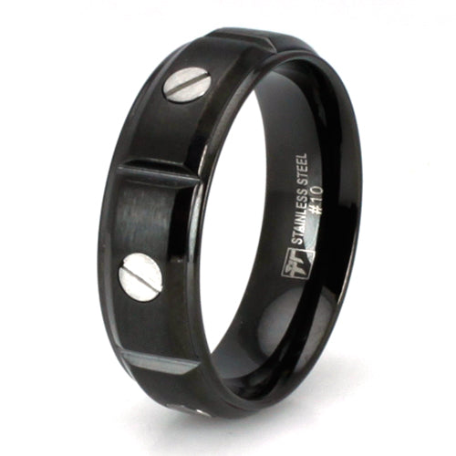 Black Stainless Steel 7mm Ring with Screw Rivet Accents