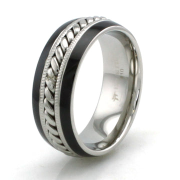 Stainless Steel 8mm Ring with Rope Center and Black Enamel Edges