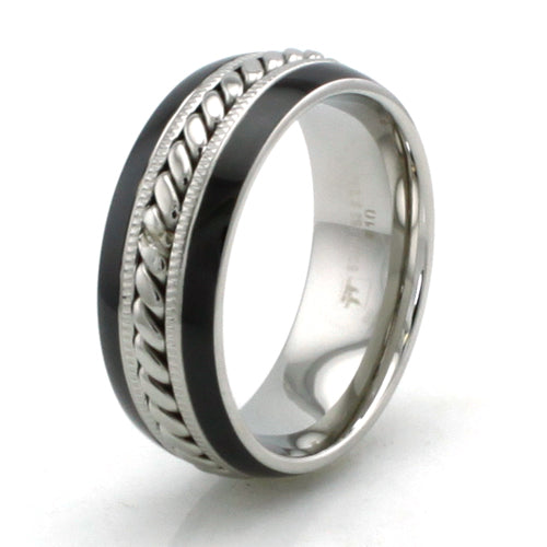 Stainless Steel 8mm Ring with Rope Center and Black Enamel Edges