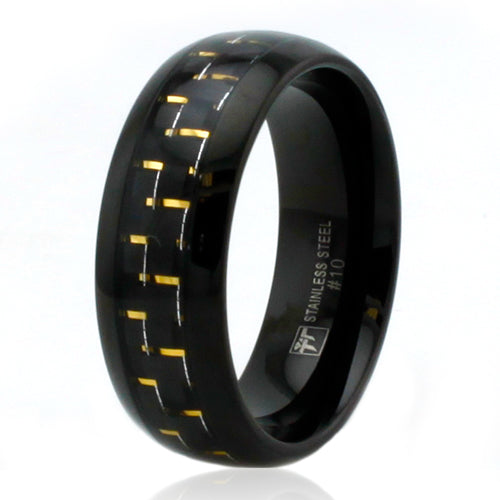 Black Stainless Steel 8mm Ring with Yellow Carbon Fiber Inlay