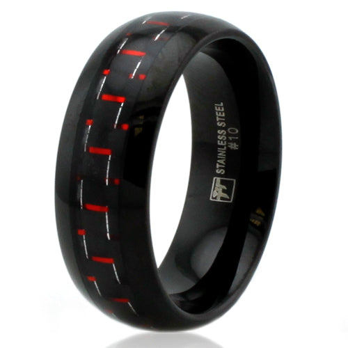 Black Stainless Steel 8mm Ring with Red Carbon Fiber Inlay