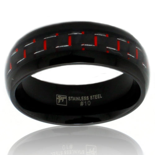 Black Stainless Steel 8mm Ring with Red Carbon Fiber Inlay