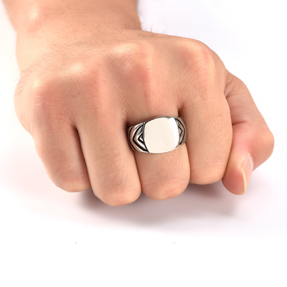 Stainless Steel Mens Signet Ring with Chevron Pattern Shoulders