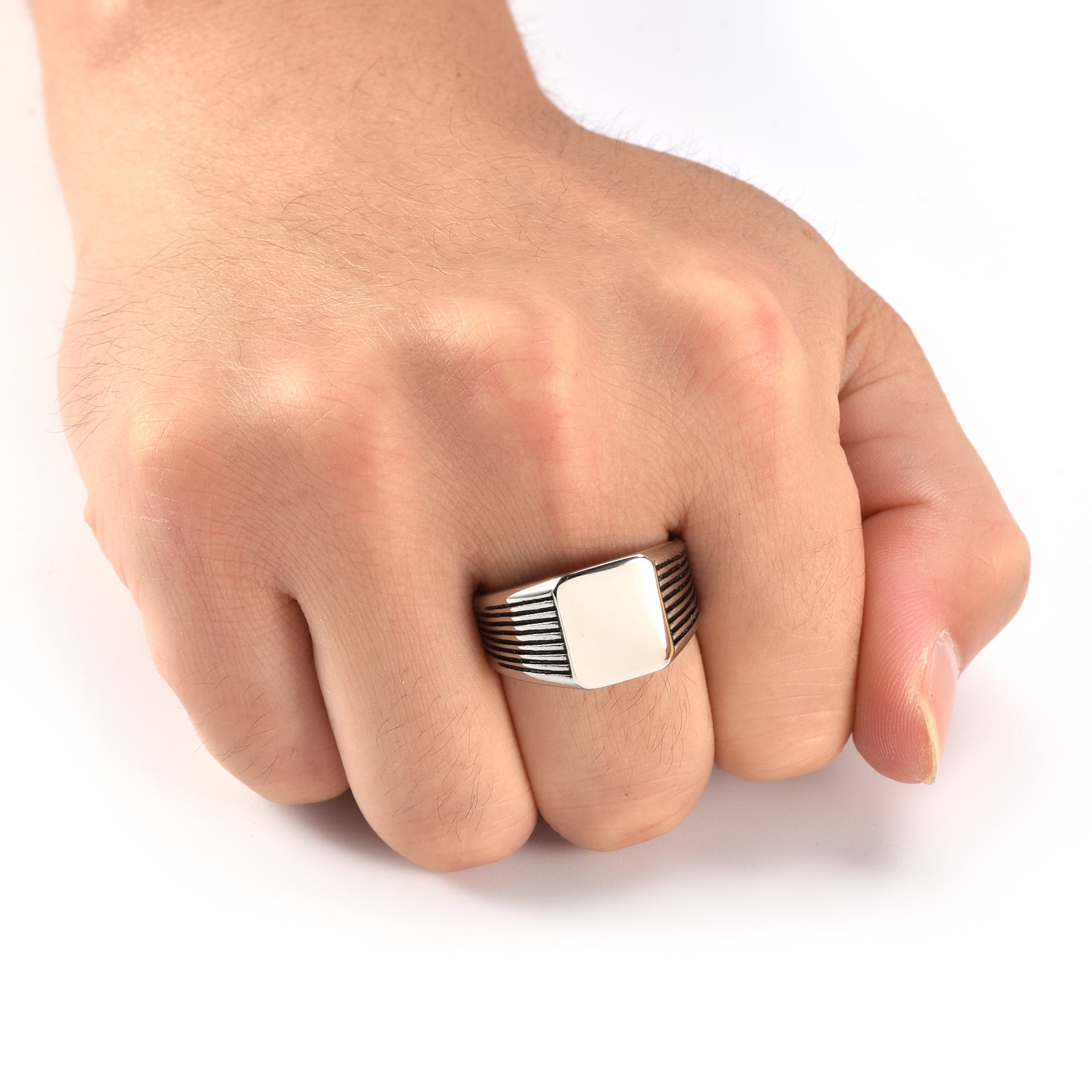 Stainless Steel Mens Signet Ring with Lined Pattern Shoulders